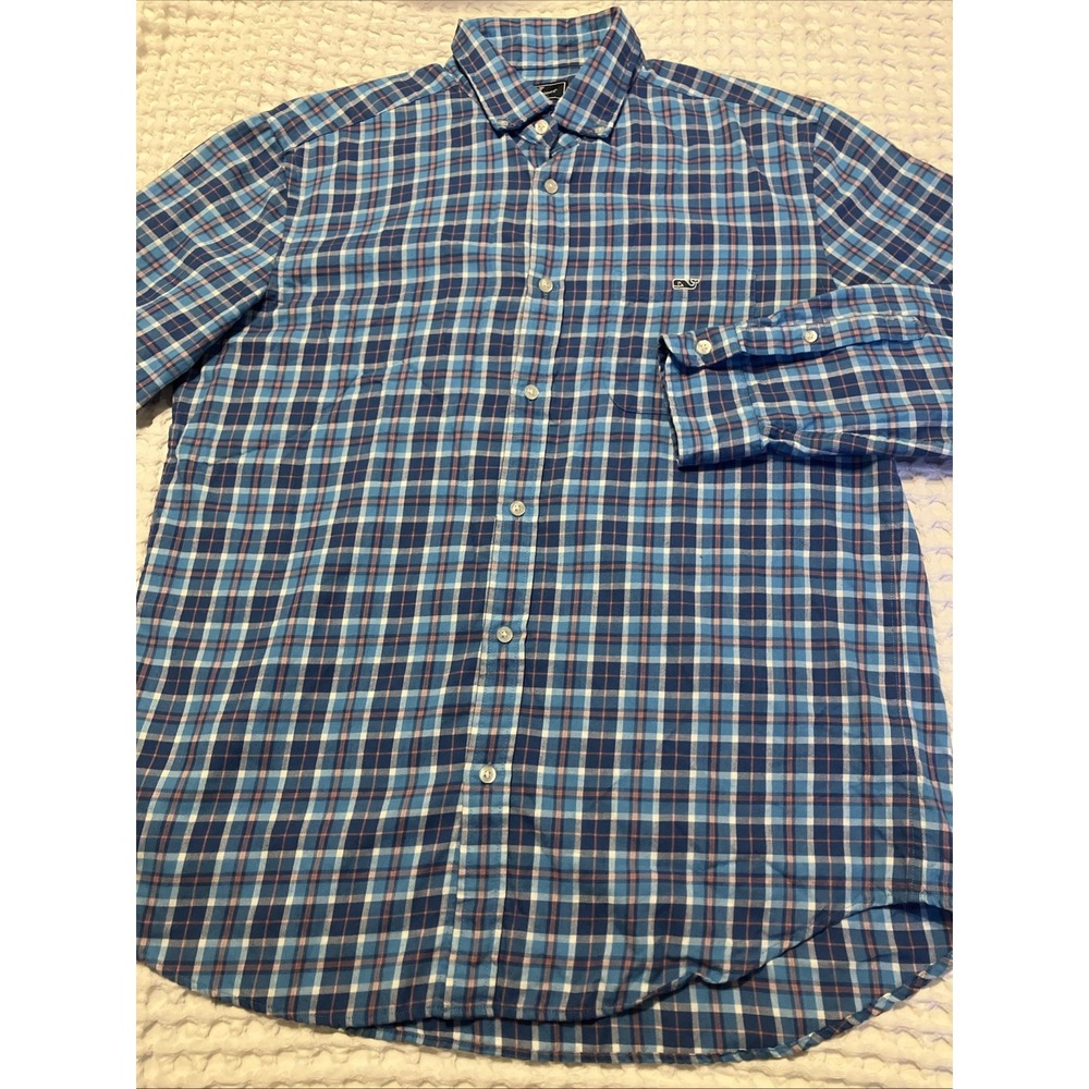 Vineyard Vines Performance Classic Fit Tucker Shirt Mens Large Blue Plaid Whale - Picture 2 of 8
